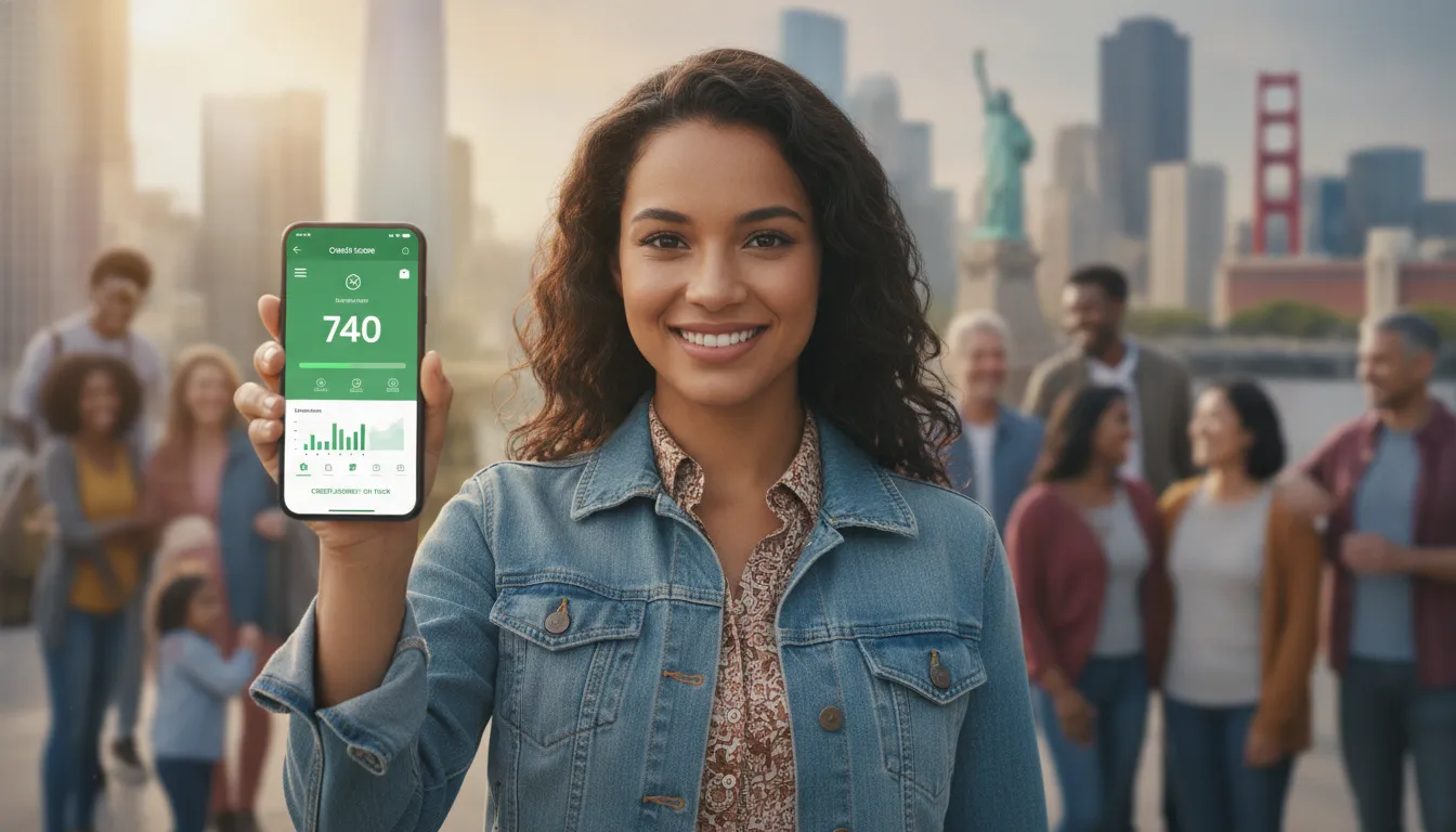 New immigrant in the United States holding a smartphone showing a credit score app