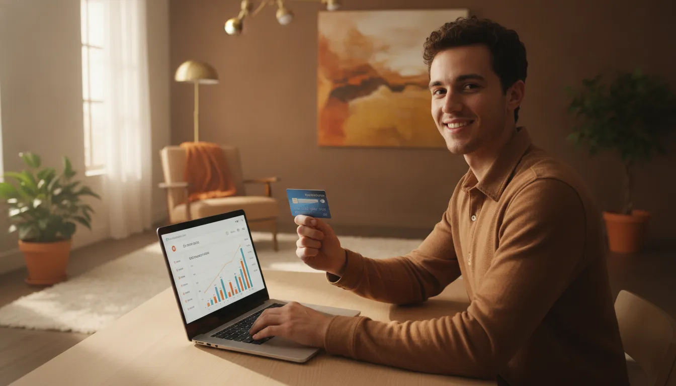 Young adult sitting at a laptop holding a credit card in a bright modern room