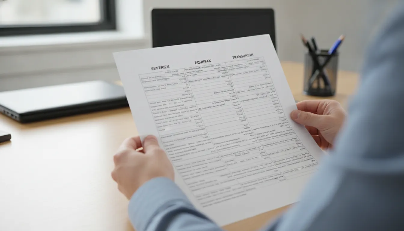 Person reviewing a credit report at a desk with a laptop and documents