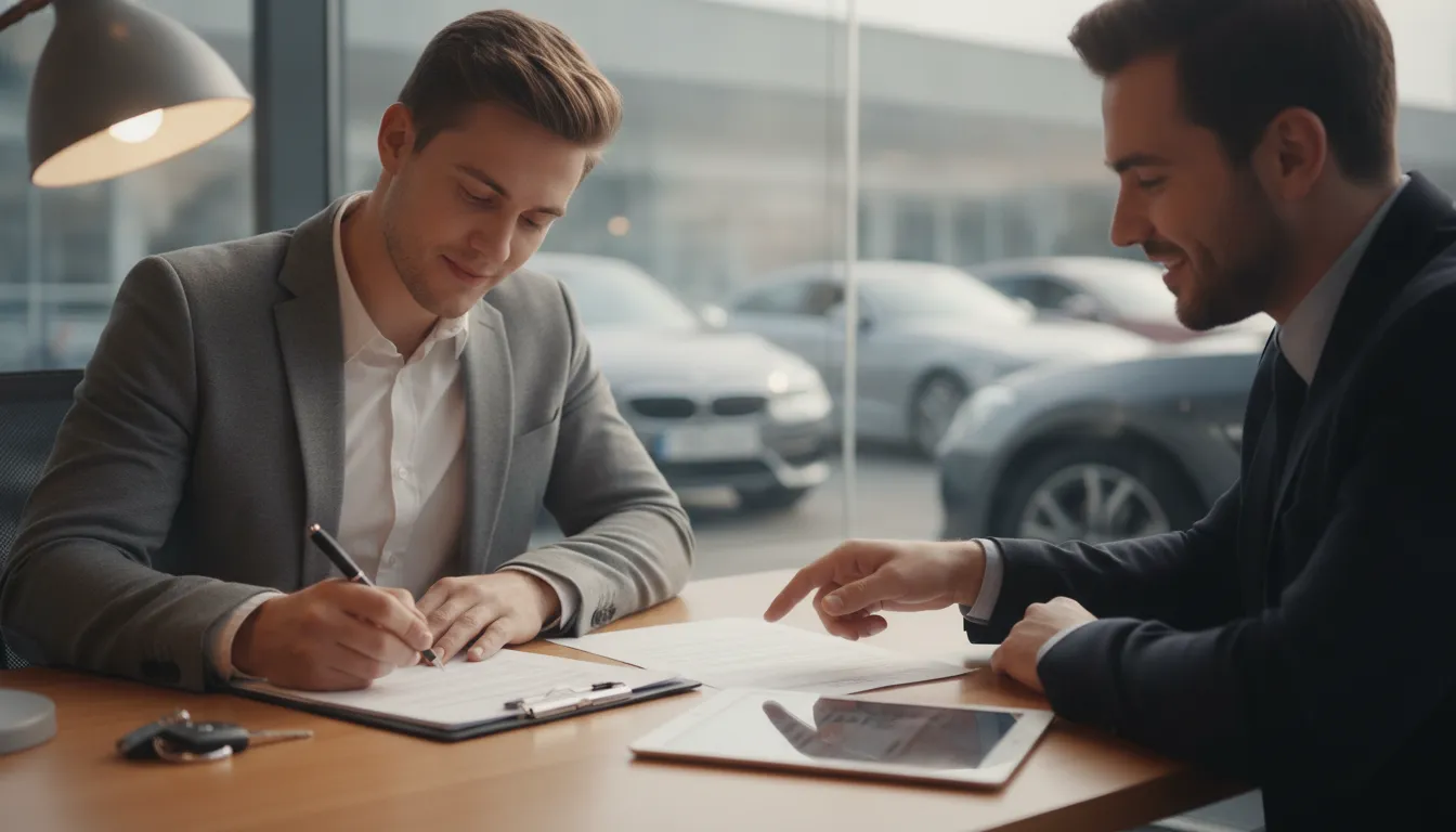 Car financing signing at dealership desk