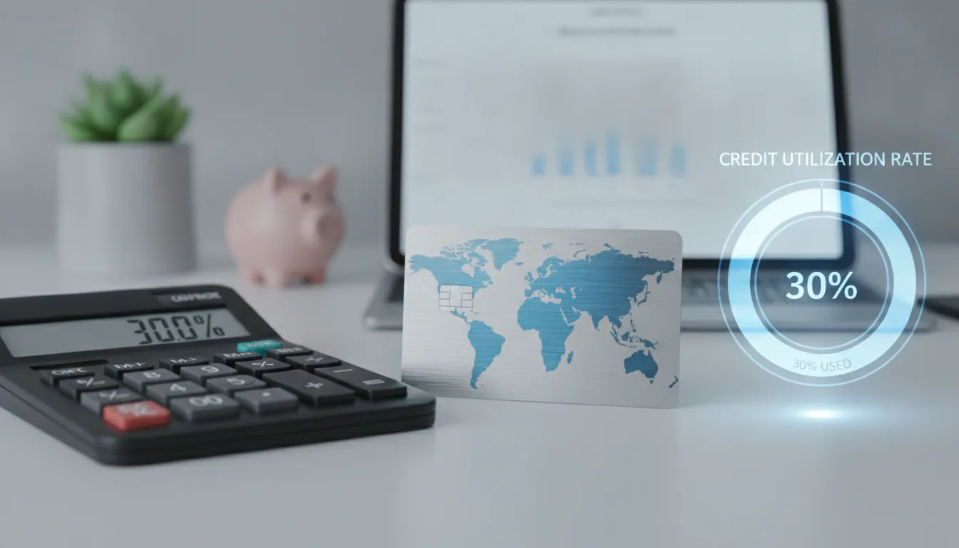 Credit card next to a calculator with a 30% utilization chart