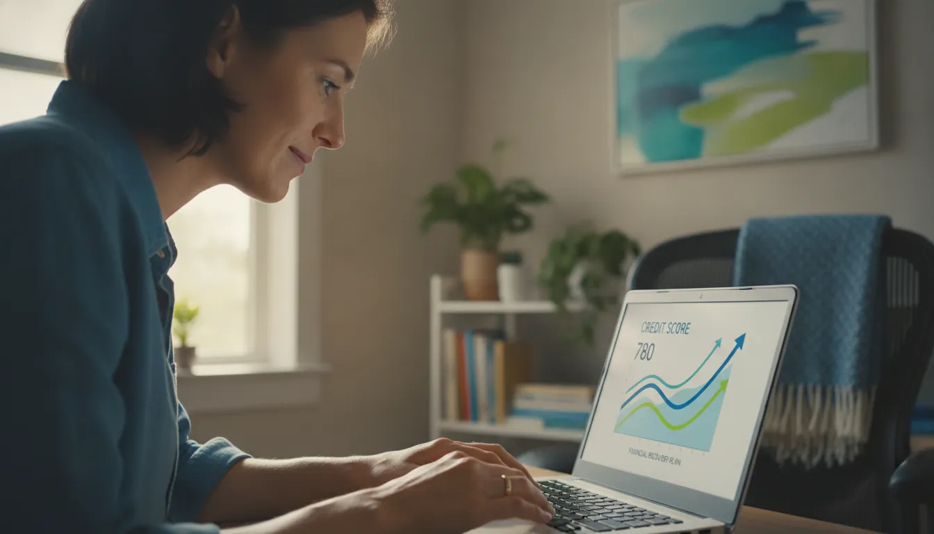Person reviewing credit report and financial documents on a laptop in a home office