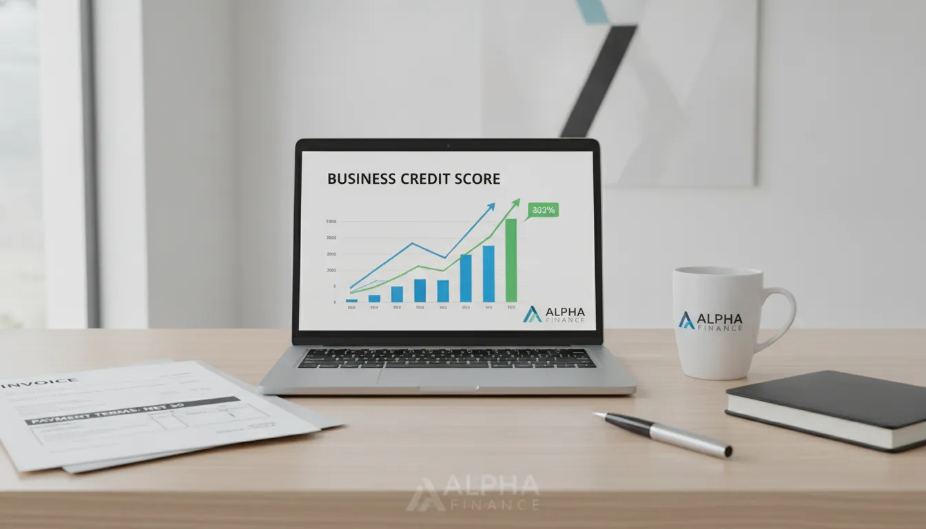 Business invoice documents labeled Net 30 on a modern office desk with a laptop showing business credit score charts going up
